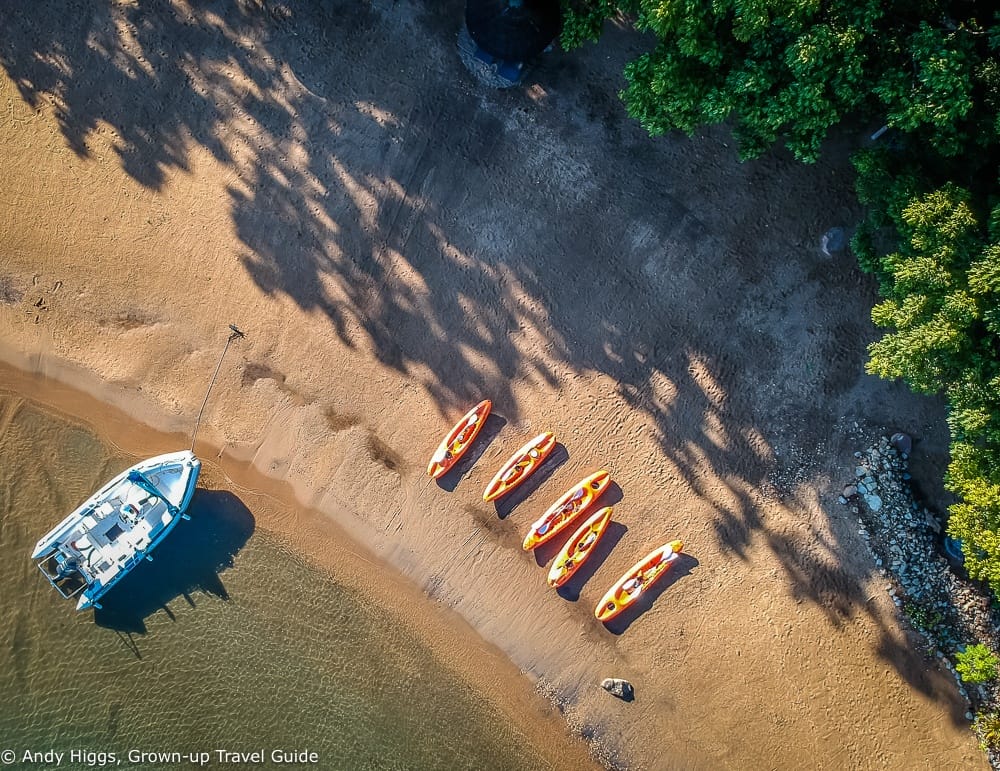 Drone overhead Blue Zebra Island Lodge kayaks